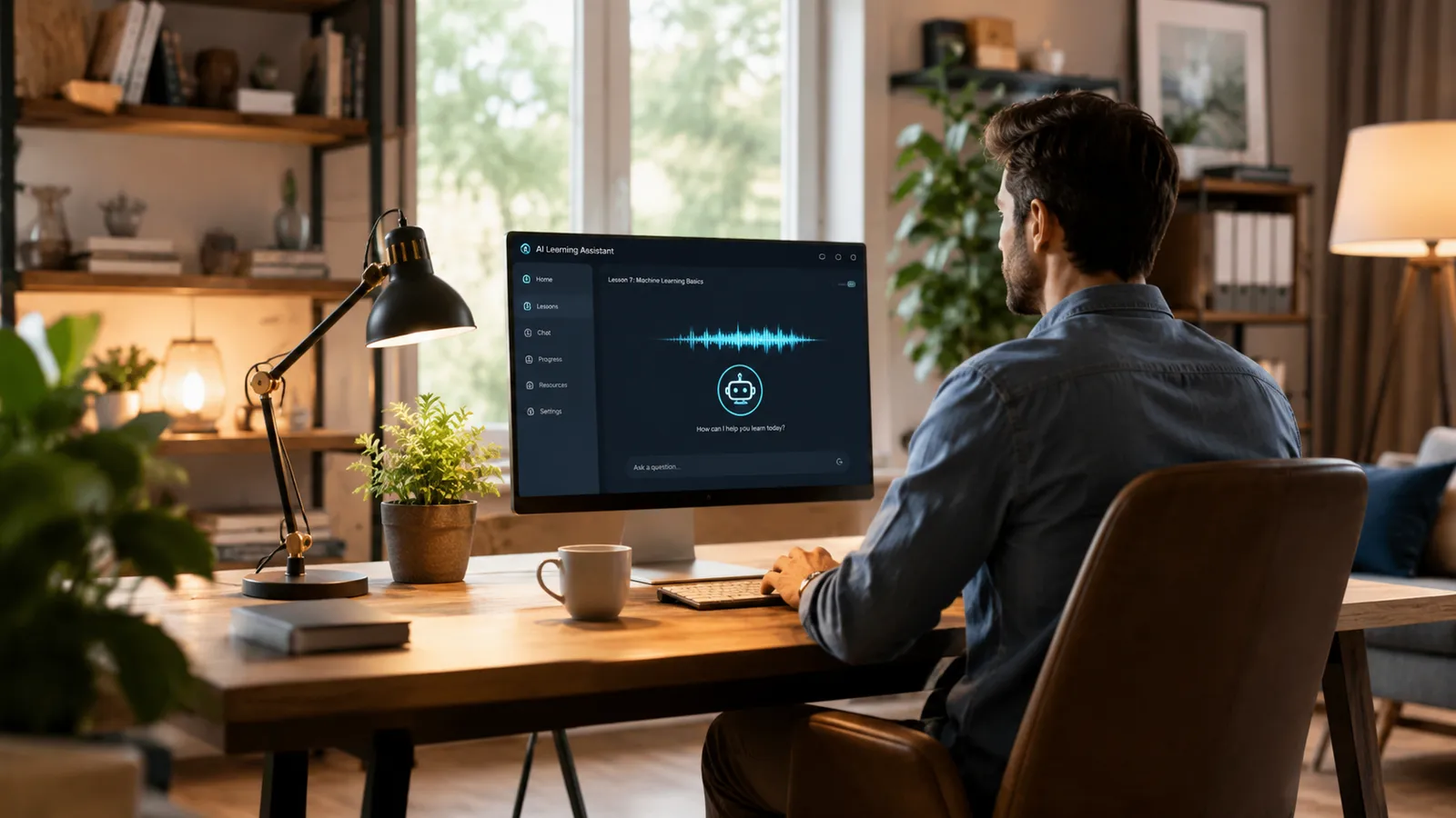 Mitarbeiter hört Qualitätsrichtlinien und Standardabläufe im Homeoffice als Audio-Schulung