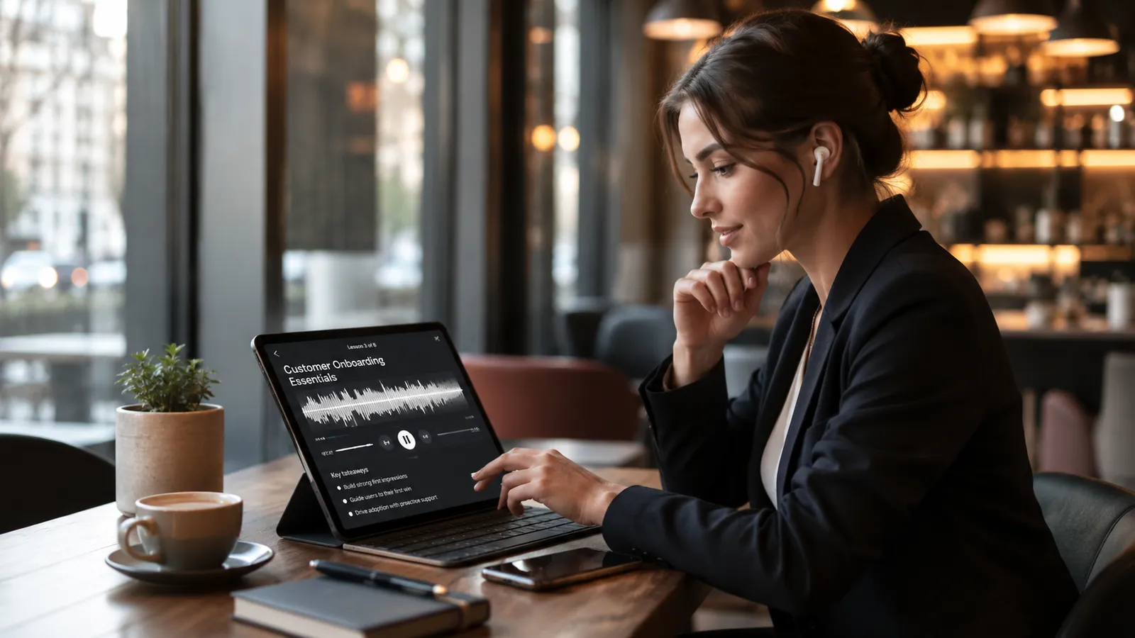 Neue Mitarbeiterin absolviert einen interaktiven Audio-Lernpfad zum Onboarding